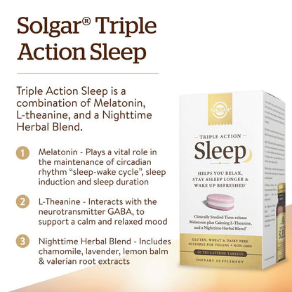 Solgar Triple Action Sleep 60 Tri-Layer Tabletten - Zeitverzögerte Freisetzung von Melatonin & L-Theanin mit Kräutermischung - Hilft beim Entspannen, schnellen Einschlafen und Durchschlafen - Non-GMO, Glutenfrei - 60 Portionen