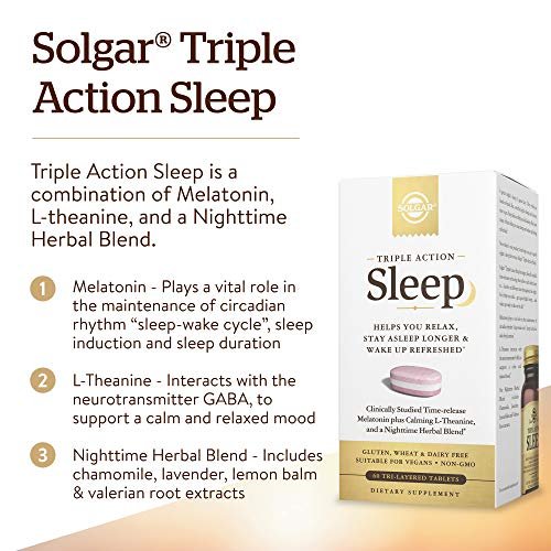 Solgar Triple Action Sleep 60 Tri-Layer Tabletten - Zeitverzögerte Freisetzung von Melatonin & L-Theanin mit Kräutermischung - Hilft beim Entspannen, schnellen Einschlafen und Durchschlafen - Non-GMO, Glutenfrei - 60 Portionen