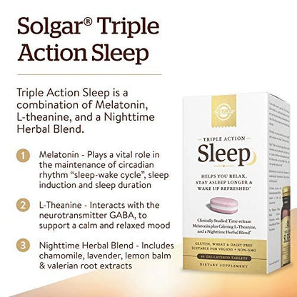 Solgar Triple Action Sleep 60 Tri-Layer Tabletten - Zeitverzögerte Freisetzung von Melatonin & L-Theanin mit Kräutermischung - Hilft beim Entspannen, schnellen Einschlafen und Durchschlafen - Non-GMO, Glutenfrei - 60 Portionen