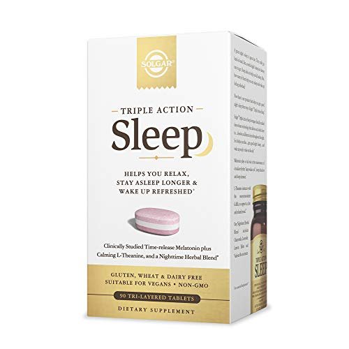 Solgar Triple Action Sleep, 90 Tri-Layer Tabletten – Zeitverzögerte Freisetzung von Melatonin & L-Theanin mit Kräutermischung – Hilft beim Entspannen – Non-GMO, Glutenfrei – 90 Portionen