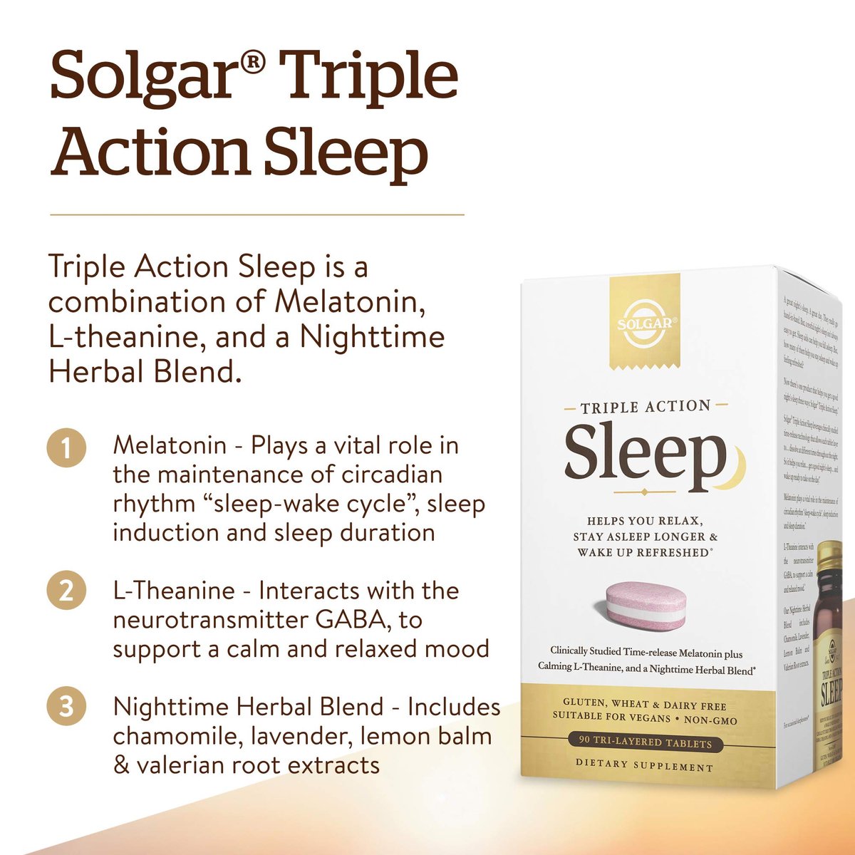 Solgar Triple Action Sleep, 90 Tri-Layer Tabletten – Zeitverzögerte Freisetzung von Melatonin & L-Theanin mit Kräutermischung – Hilft beim Entspannen – Non-GMO, Glutenfrei – 90 Portionen