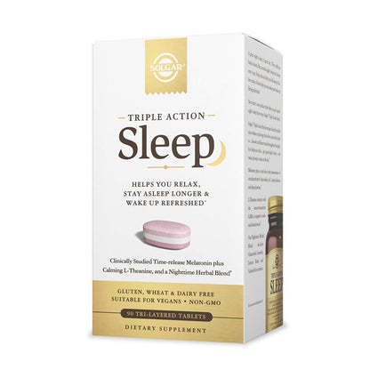 Solgar Triple Action Sleep, 90 Tri-Layer Tabletten – Zeitverzögerte Freisetzung von Melatonin & L-Theanin mit Kräutermischung – Hilft beim Entspannen – Non-GMO, Glutenfrei – 90 Portionen