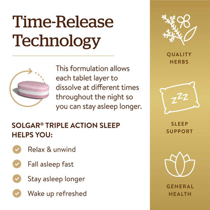 Solgar Triple Action Sleep, 90 Tri-Layer Tabletten – Zeitverzögerte Freisetzung von Melatonin & L-Theanin mit Kräutermischung – Hilft beim Entspannen – Non-GMO, Glutenfrei – 90 Portionen