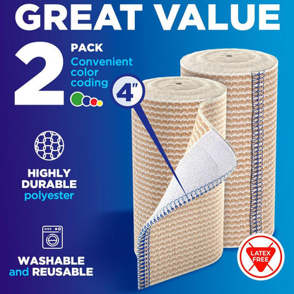 Hochleistungs-Elastikbandage 4 Zoll (2er-Pack) – Selbstschließende, stark komprimierende, wiederverwendbare Bandage für Beine, Knöchel, Handgelenke und Knie – für Erste-Hilfe-Set und nach der Operation – Latexfrei