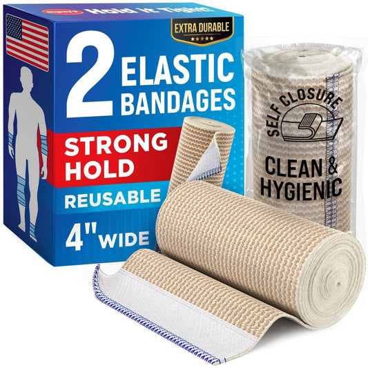 Hochleistungs-Elastikbandage 4 Zoll (2er-Pack) – Selbstschließende, stark komprimierende, wiederverwendbare Bandage für Beine, Knöchel, Handgelenke und Knie – für Erste-Hilfe-Set und nach der Operation – Latexfrei