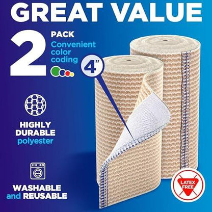 Hochleistungs-Elastikbandage 4 Zoll (2er-Pack) – Selbstschließende, stark komprimierende, wiederverwendbare Bandage für Beine, Knöchel, Handgelenke und Knie – für Erste-Hilfe-Set und nach der Operation – Latexfrei