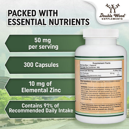 Zinkpicolinat 50 mg, 300 Kapseln (Immununterstützung) – Non-GMO, Glutenfrei (300-Tage-Vorrat) von Double Wood Supplements