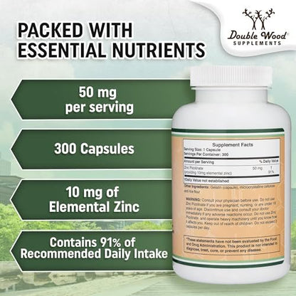 Zinkpicolinat 50 mg, 300 Kapseln (Immununterstützung) – Non-GMO, Glutenfrei (300-Tage-Vorrat) von Double Wood Supplements