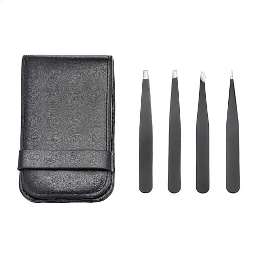 Amazon Basics Pinzette für Gesichtshaare, Augenbrauen, Wimpern – 4er-Set, professioneller Edelstahl mit Aufbewahrungsetui, Schwarz