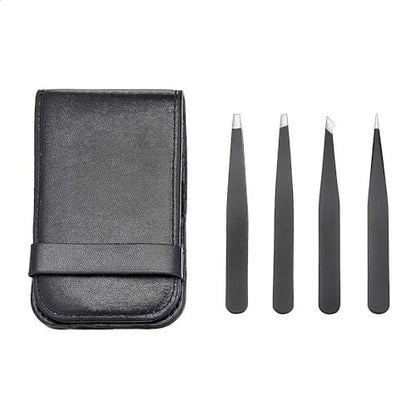 Amazon Basics Pinzette für Gesichtshaare, Augenbrauen, Wimpern – 4er-Set, professioneller Edelstahl mit Aufbewahrungsetui, Schwarz