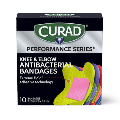 CURAD Performance Series Antibakterielle Pflaster, Extreme Haltbarkeit, Knie & Ellenbogen 7,6 cm x 7,6 cm, 10 Stück, Ideal für Schnitte, Schürfwunden, Sport und aktive Lebensstile