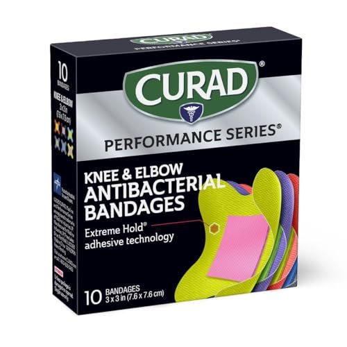 CURAD Performance Series Antibakterielle Pflaster, Extreme Haltbarkeit, Knie & Ellenbogen 7,6 cm x 7,6 cm, 10 Stück, Ideal für Schnitte, Schürfwunden, Sport und aktive Lebensstile
