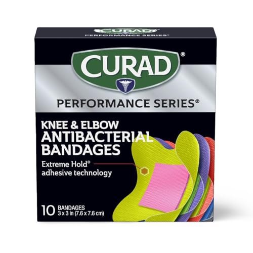 CURAD Performance Series Antibakterielle Pflaster, Extreme Haltbarkeit, Knie & Ellenbogen 7,6 cm x 7,6 cm, 10 Stück, Ideal für Schnitte, Schürfwunden, Sport und aktive Lebensstile