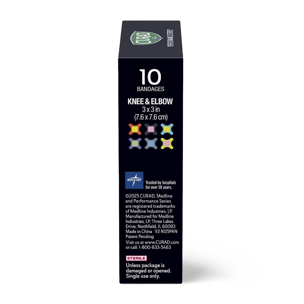 CURAD Performance Series Antibakterielle Pflaster, Extreme Haltbarkeit, Knie & Ellenbogen 7,6 cm x 7,6 cm, 10 Stück, Ideal für Schnitte, Schürfwunden, Sport und aktive Lebensstile