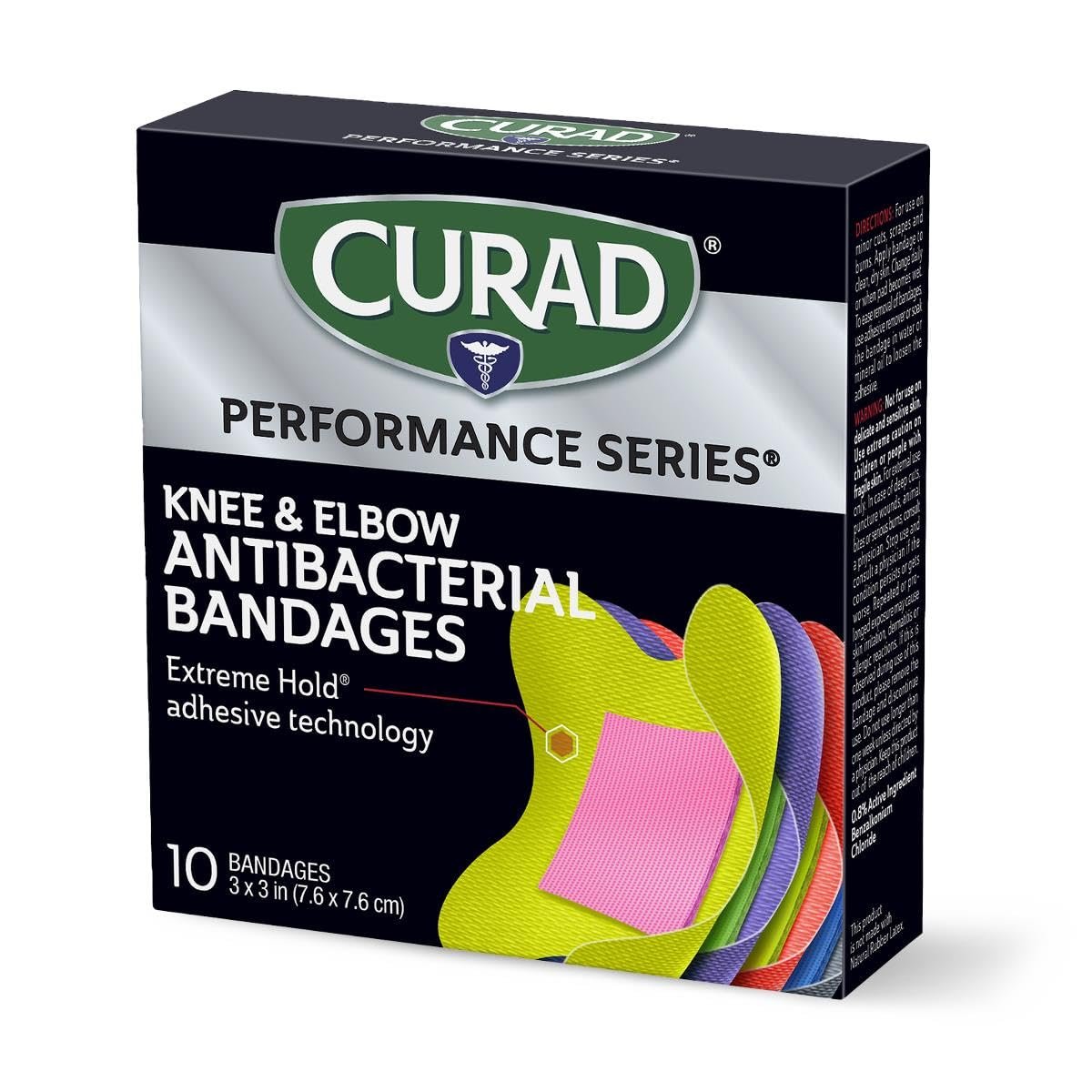 CURAD Performance Series Antibakterielle Pflaster für Ellenbogen und Knie, 3" x 3", 30 Stück