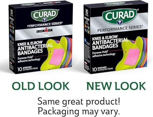 CURAD Performance Series Antibakterielle Pflaster, Extreme Haltbarkeit, Knie & Ellenbogen 7,6 cm x 7,6 cm, 10 Stück, Ideal für Schnitte, Schürfwunden, Sport und aktive Lebensstile