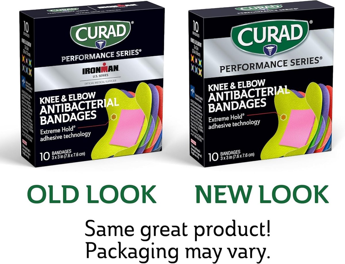 CURAD Performance Series Antibakterielle Pflaster, Extreme Haltbarkeit, Knie & Ellenbogen 7,6 cm x 7,6 cm, 10 Stück, Ideal für Schnitte, Schürfwunden, Sport und aktive Lebensstile