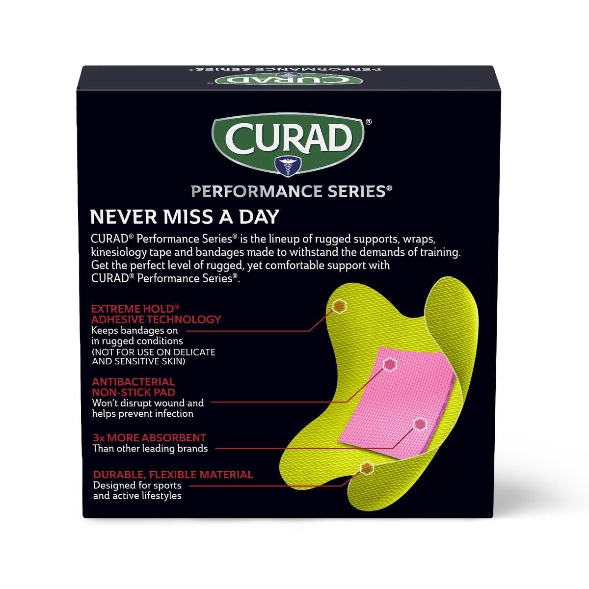 CURAD Performance Series Antibakterielle Pflaster, Extreme Haltbarkeit, Knie & Ellenbogen 7,6 cm x 7,6 cm, 10 Stück, Ideal für Schnitte, Schürfwunden, Sport und aktive Lebensstile