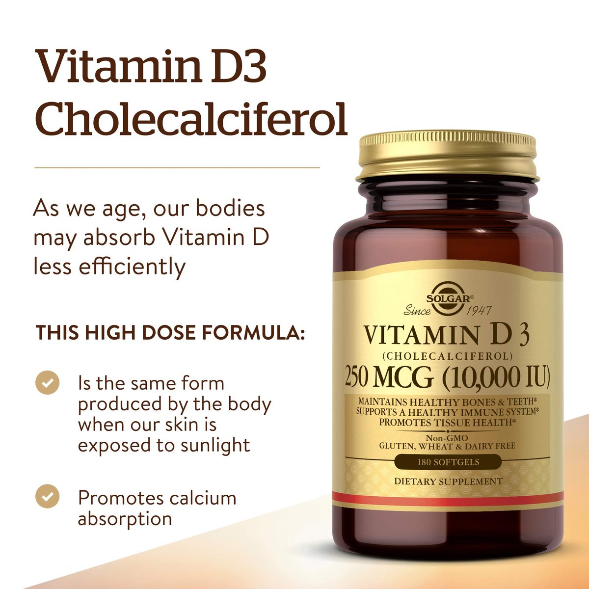 Solgar Vitamin D3 250 mcg (10.000 IE) – 180 Softgel-Kapseln zur Unterstützung von Knochen, Zähnen und Immunsystem – Nicht-GVO, gluten- und laktosefrei