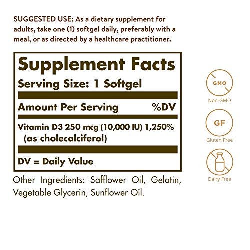 Solgar Vitamin D3 250 mcg (10.000 IE) – 180 Softgel-Kapseln zur Unterstützung von Knochen, Zähnen und Immunsystem – Nicht-GVO, gluten- und laktosefrei