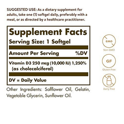 Solgar Vitamin D3 250 mcg (10.000 IE) – 180 Softgel-Kapseln zur Unterstützung von Knochen, Zähnen und Immunsystem – Nicht-GVO, gluten- und laktosefrei