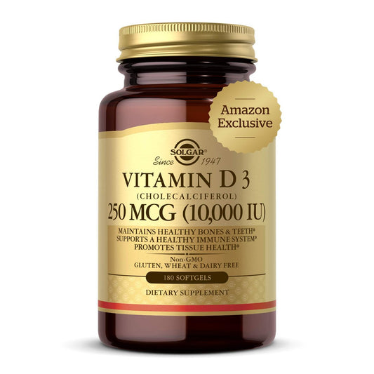 Solgar Vitamin D3 250 mcg (10.000 IE) – 180 Softgel-Kapseln zur Unterstützung von Knochen, Zähnen und Immunsystem – Nicht-GVO, gluten- und laktosefrei