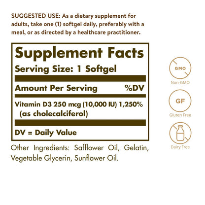 Solgar Vitamin D3 250 mcg (10.000 IE) – 180 Softgel-Kapseln zur Unterstützung von Knochen, Zähnen und Immunsystem – Nicht-GVO, gluten- und laktosefrei