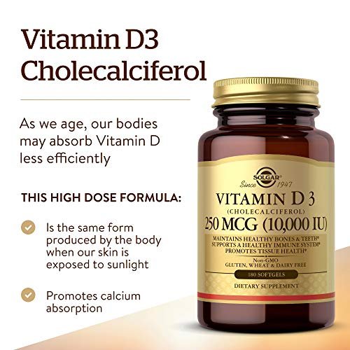 Solgar Vitamin D3 250 mcg (10.000 IE) – 180 Softgel-Kapseln zur Unterstützung von Knochen, Zähnen und Immunsystem – Nicht-GVO, gluten- und laktosefrei
