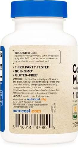 Nutricost Cordyceps Pilze Kapseln 1100mg, 45 Portionen - CCOF zertifiziert, aus biologischem Anbau, vegetarisch, glutenfrei, 550mg pro Kapsel (90 Kapseln)