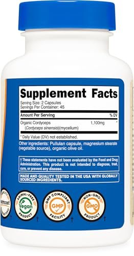 Nutricost Cordyceps Pilze Kapseln 1100mg, 45 Portionen - CCOF zertifiziert, aus biologischem Anbau, vegetarisch, glutenfrei, 550mg pro Kapsel (90 Kapseln)