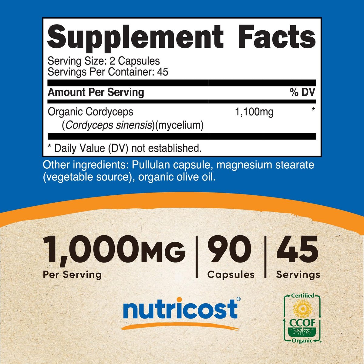 Nutricost Cordyceps Pilze Kapseln 1100mg, 45 Portionen - CCOF zertifiziert, aus biologischem Anbau, vegetarisch, glutenfrei, 550mg pro Kapsel (90 Kapseln)