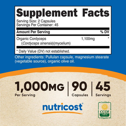 Nutricost Cordyceps Pilze Kapseln 1100mg, 45 Portionen - CCOF zertifiziert, aus biologischem Anbau, vegetarisch, glutenfrei, 550mg pro Kapsel (90 Kapseln)