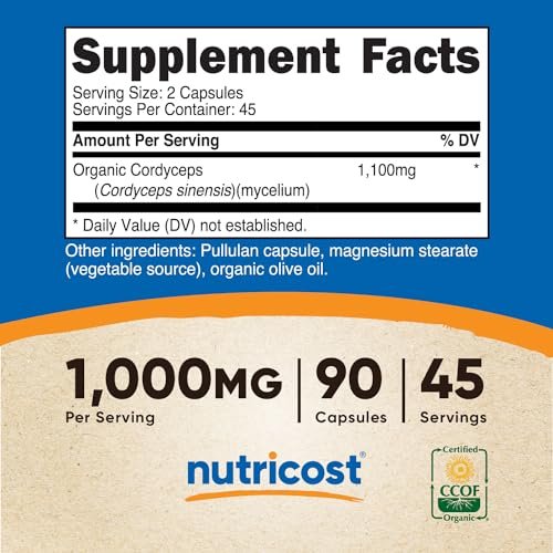 Nutricost Cordyceps Pilze Kapseln 1100mg, 45 Portionen - CCOF zertifiziert, aus biologischem Anbau, vegetarisch, glutenfrei, 550mg pro Kapsel (90 Kapseln)