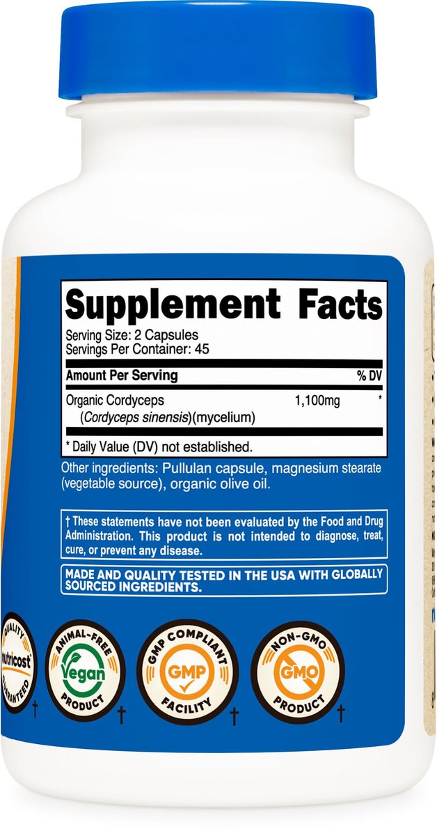 Nutricost Cordyceps Pilze Kapseln 1100mg, 45 Portionen - CCOF zertifiziert, aus biologischem Anbau, vegetarisch, glutenfrei, 550mg pro Kapsel (90 Kapseln)