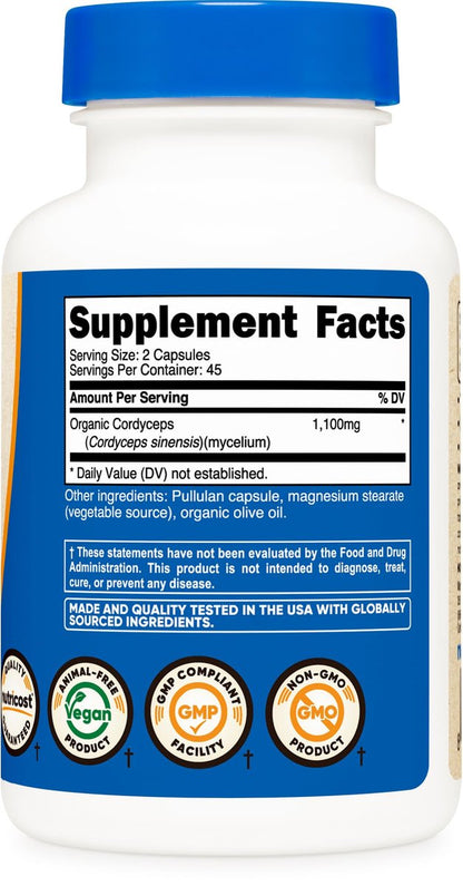 Nutricost Cordyceps Pilze Kapseln 1100mg, 45 Portionen - CCOF zertifiziert, aus biologischem Anbau, vegetarisch, glutenfrei, 550mg pro Kapsel (90 Kapseln)