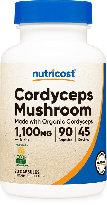 Nutricost Cordyceps Pilze Kapseln 1100mg, 45 Portionen - CCOF zertifiziert, aus biologischem Anbau, vegetarisch, glutenfrei, 550mg pro Kapsel (90 Kapseln)