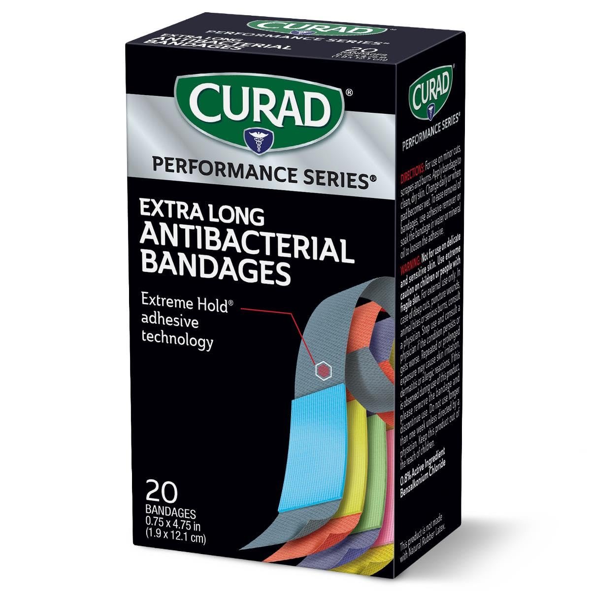 CURAD Performance Series IRONMAN Antibakterielle Pflaster, Extreme Hafttechnologie, extra lange flexible Stoffpflaster für Schnitte, Schürfwunden und Verbrennungen, gemischte Farben, 0,75 x 4,75 Zoll, 20 Stück
