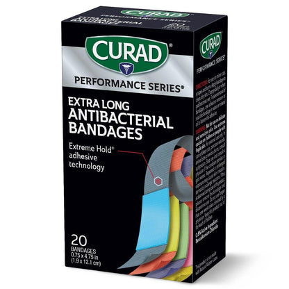 CURAD Performance Series IRONMAN Antibakterielle Pflaster, Extreme Hafttechnologie, extra lange flexible Stoffpflaster für Schnitte, Schürfwunden und Verbrennungen, gemischte Farben, 0,75 x 4,75 Zoll, 20 Stück