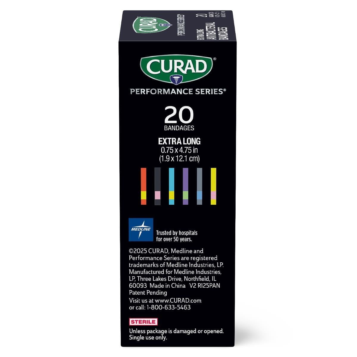 CURAD Performance Series IRONMAN Antibakterielle Pflaster, Extreme Hafttechnologie, extra lange flexible Stoffpflaster für Schnitte, Schürfwunden und Verbrennungen, gemischte Farben, 0,75 x 4,75 Zoll, 20 Stück