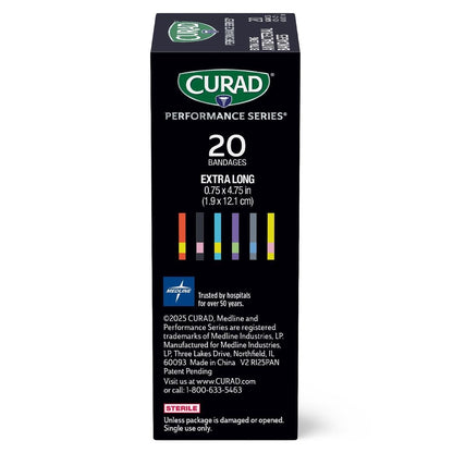 CURAD Performance Series IRONMAN Antibakterielle Pflaster, Extreme Hafttechnologie, extra lange flexible Stoffpflaster für Schnitte, Schürfwunden und Verbrennungen, gemischte Farben, 0,75 x 4,75 Zoll, 20 Stück