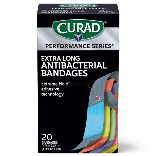 CURAD Performance Series IRONMAN Antibakterielle Pflaster, Extreme Hafttechnologie, extra lange flexible Stoffpflaster für Schnitte, Schürfwunden und Verbrennungen, gemischte Farben, 0,75 x 4,75 Zoll, 20 Stück