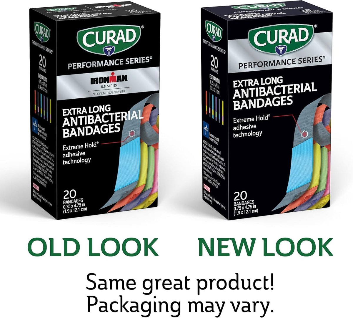 CURAD Performance Series IRONMAN Antibakterielle Pflaster, Extreme Hafttechnologie, extra lange flexible Stoffpflaster für Schnitte, Schürfwunden und Verbrennungen, gemischte Farben, 0,75 x 4,75 Zoll, 20 Stück