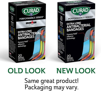 CURAD Performance Series IRONMAN Antibakterielle Pflaster, Extreme Hafttechnologie, extra lange flexible Stoffpflaster für Schnitte, Schürfwunden und Verbrennungen, gemischte Farben, 0,75 x 4,75 Zoll, 20 Stück
