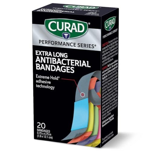 CURAD Performance Series IRONMAN Antibakterielle Pflaster, Extreme Hafttechnologie, extra lange flexible Stoffpflaster für Schnitte, Schürfwunden und Verbrennungen, gemischte Farben, 0,75 x 4,75 Zoll, 20 Stück
