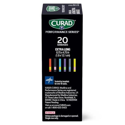 CURAD Performance Series IRONMAN Antibakterielle Pflaster, Extreme Hafttechnologie, extra lange flexible Stoffpflaster für Schnitte, Schürfwunden und Verbrennungen, gemischte Farben, 0,75 x 4,75 Zoll, 20 Stück