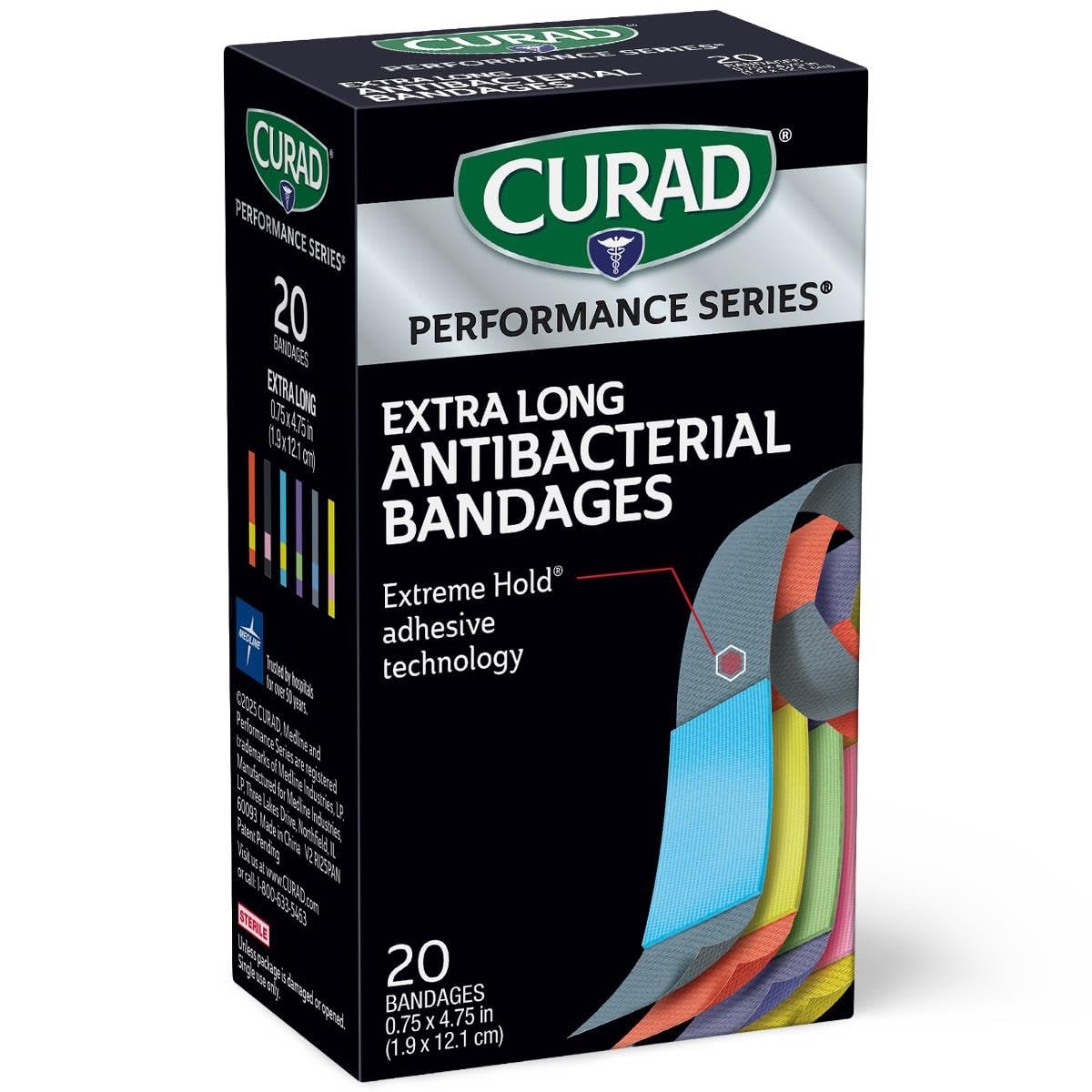 CURAD Performance Series IRONMAN Antibakterielle Pflaster, Extreme Hafttechnologie, extra lange flexible Stoffpflaster für Schnitte, Schürfwunden und Verbrennungen, gemischte Farben, 0,75 x 4,75 Zoll, 20 Stück