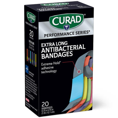 CURAD Performance Series IRONMAN Antibakterielle Pflaster, Extreme Hafttechnologie, extra lange flexible Stoffpflaster für Schnitte, Schürfwunden und Verbrennungen, gemischte Farben, 0,75 x 4,75 Zoll, 20 Stück