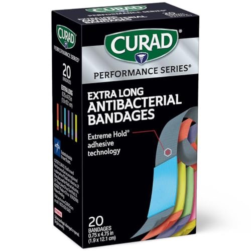 CURAD Performance Series IRONMAN Antibakterielle Pflaster, Extreme Hafttechnologie, extra lange flexible Stoffpflaster für Schnitte, Schürfwunden und Verbrennungen, gemischte Farben, 0,75 x 4,75 Zoll, 20 Stück
