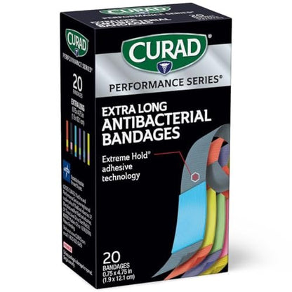 CURAD Performance Series IRONMAN Antibakterielle Pflaster, Extreme Hafttechnologie, extra lange flexible Stoffpflaster für Schnitte, Schürfwunden und Verbrennungen, gemischte Farben, 0,75 x 4,75 Zoll, 20 Stück