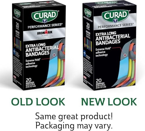 CURAD Performance Series IRONMAN Antibakterielle Pflaster, Extreme Hafttechnologie, extra lange flexible Stoffpflaster für Schnitte, Schürfwunden und Verbrennungen, gemischte Farben, 0,75 x 4,75 Zoll, 20 Stück